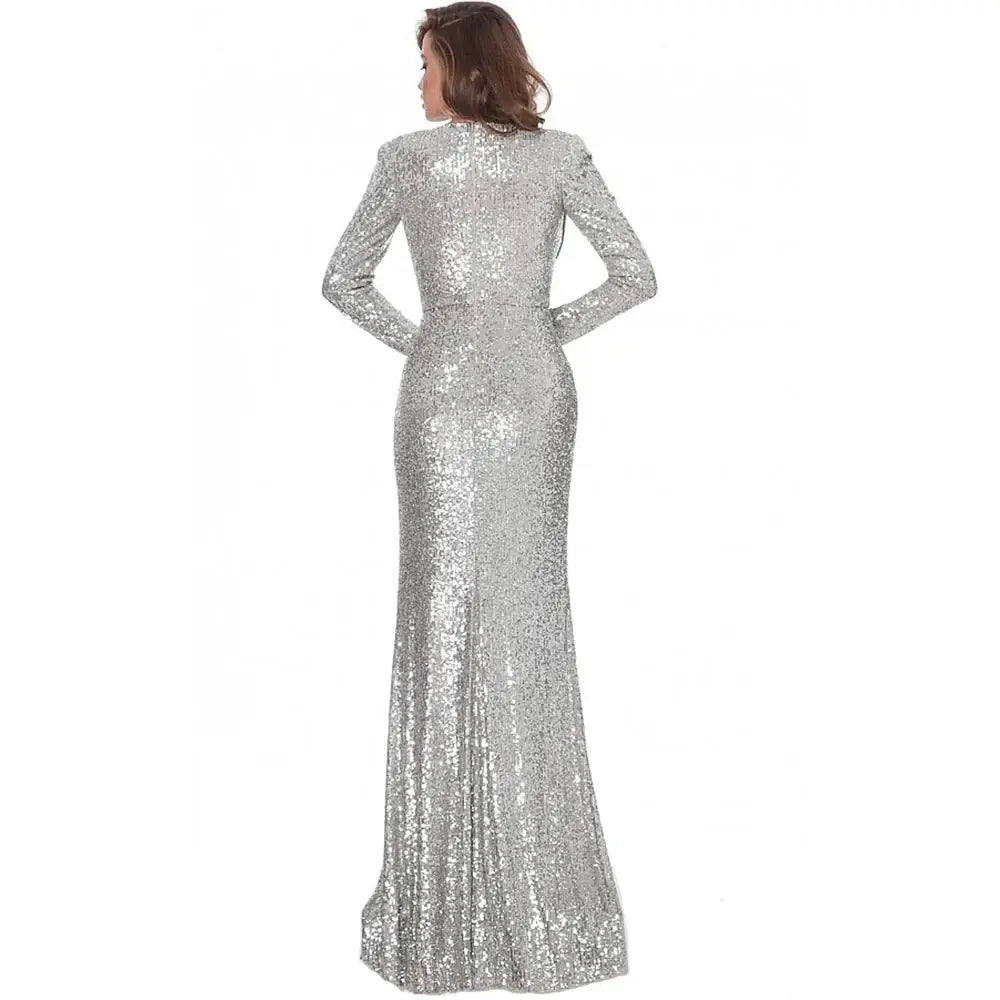 Silver V Neck Full sleeved Autumn Winter Evening Party Dress Gown Sequined Stretchy Long Maxi Dress San Remo Shops