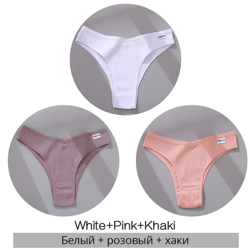 Set of three ribbed cotton panties in white, pink, and khaki colors with label detail