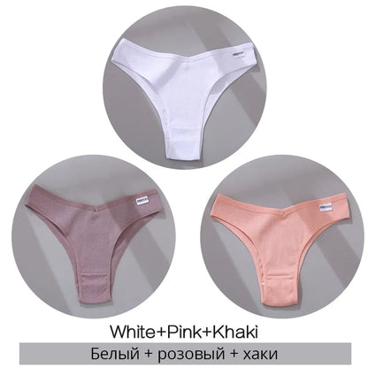 Set of three ribbed cotton panties in white, pink, and khaki colors with label detail