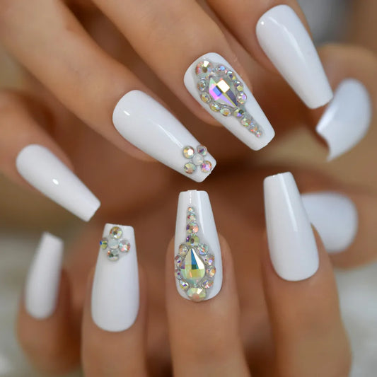 Salon Perfect Artificial Nails 3D Rhinestones Decorative White Nude Faux Ongles Long Ballerina Trapezoid Tips San Remo