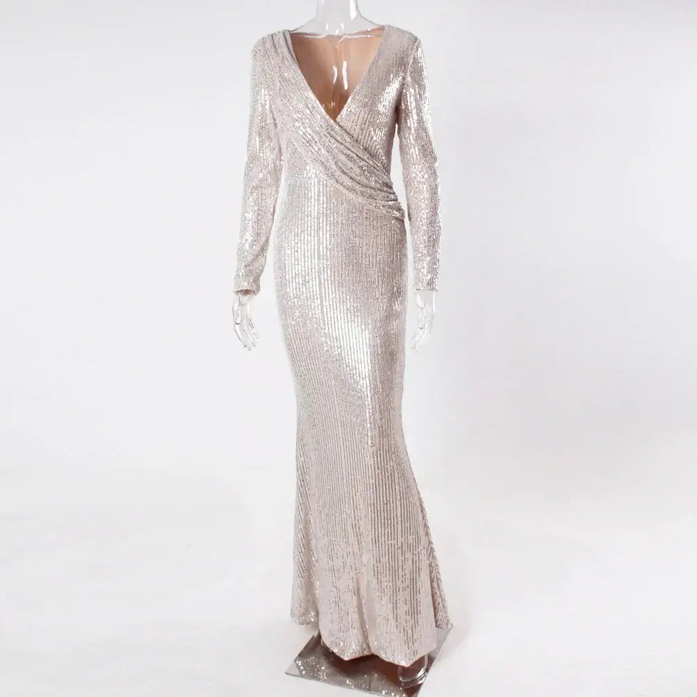 Silver V Neck Full sleeved Autumn Winter Evening Party Dress Gown Sequined Stretchy Long Maxi Dress San Remo Shops