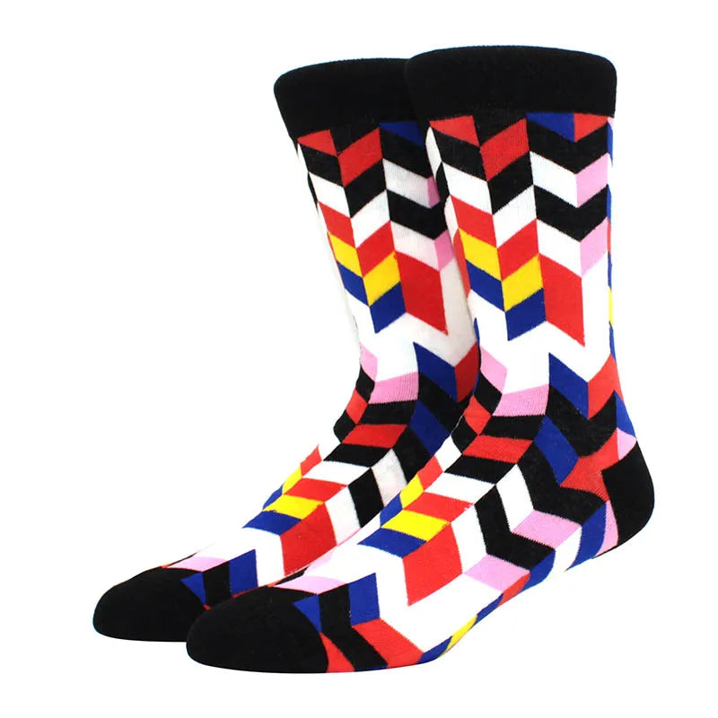 Men Socks  Colorful Cotton Geometric Lattice stripe Classic Happy Business Casual Socks Men