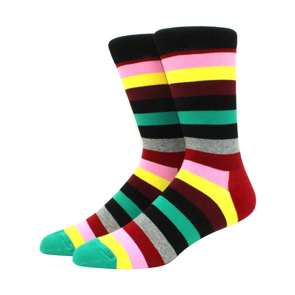 Men Socks  Colorful Cotton Geometric Lattice stripe Classic Happy Business Casual Socks Men