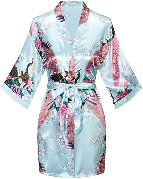 Satin Silk Wedding Bridemaid Robe Print Bathrobe Short Long Night Gown Robe
