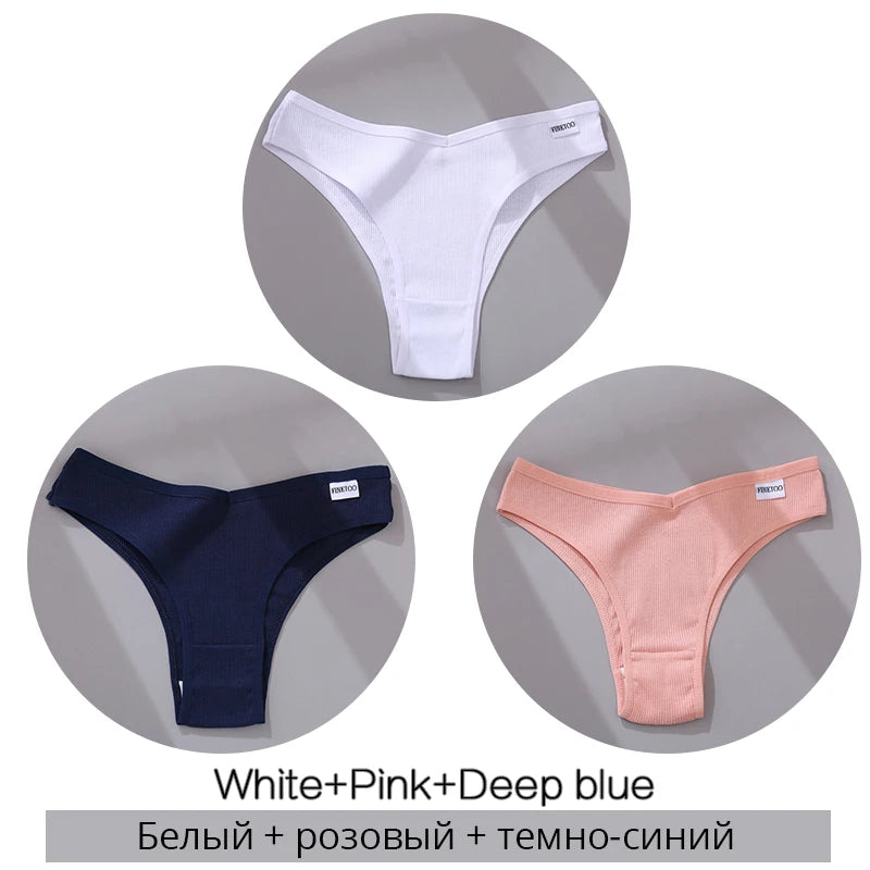 Set of ribbed cotton thong panties in white, pink, and deep blue with branded tags