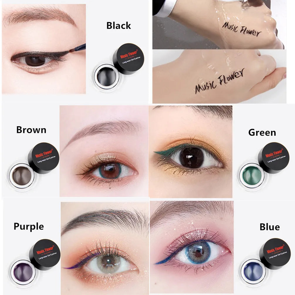 Music Flower 2 In 1 Brown + Black Eyeliner Gel Make Up Water-proof Eye Liner Kit Eye Makeup Tool With Brush 24H Long Lasting San Remo