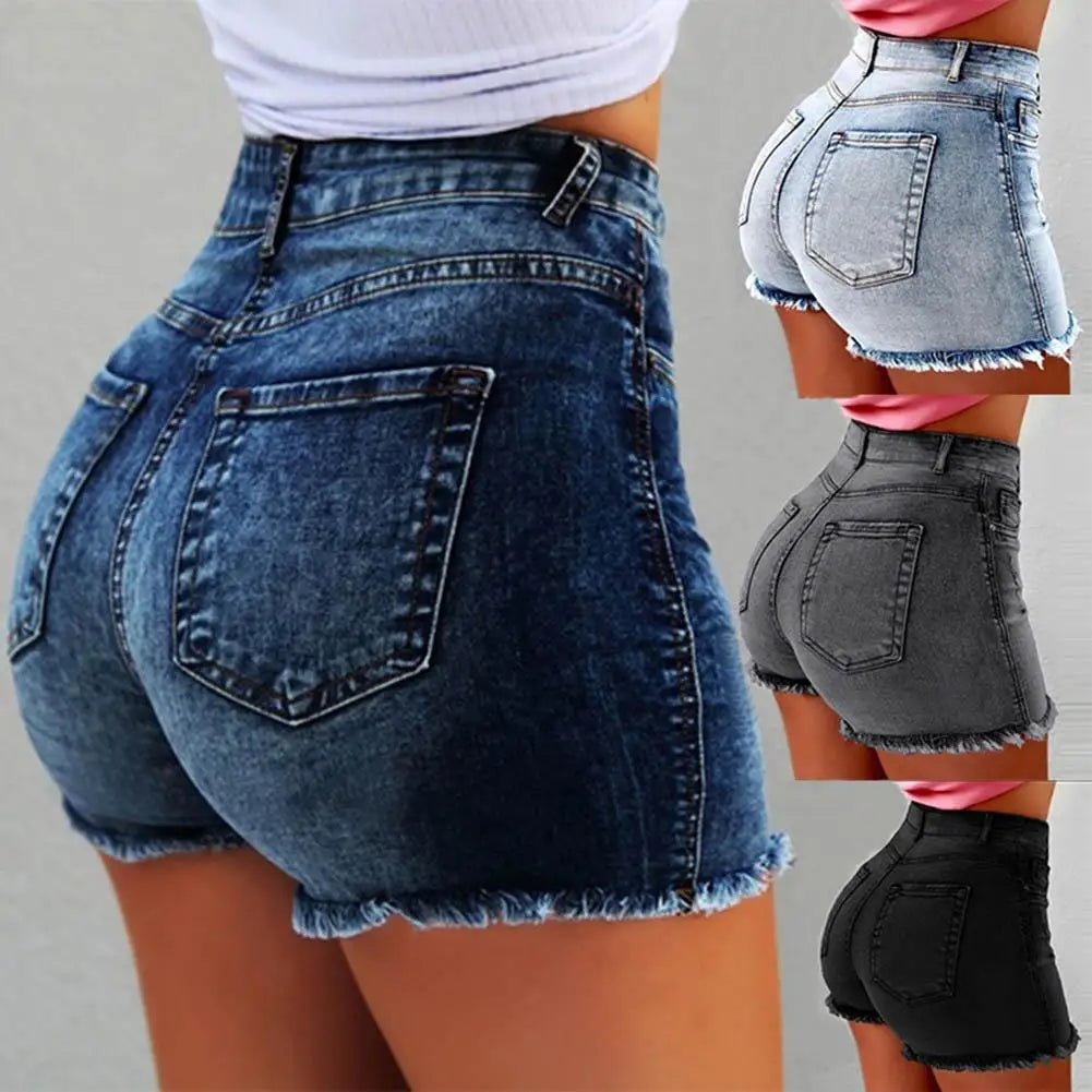 Women's denim shorts Summer Lady Clothing High Waist Denim Shorts Women's  Fringe Frayed Ripped Jeans Hot Shorts With Pockets San Remo