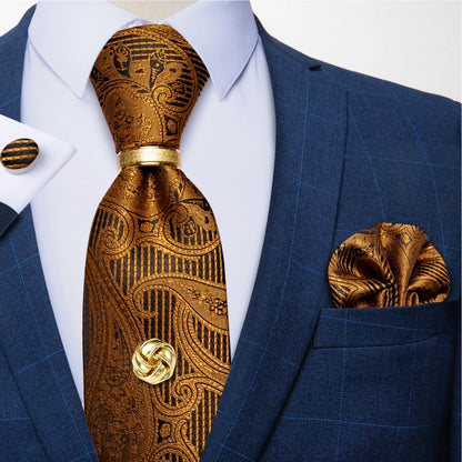 Striped  Necktie Handkerchief Cuffinks Ring Set