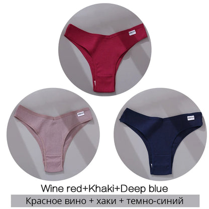 Three ribbed women's thong panties in wine red, khaki, and deep blue colors displayed in circular frames