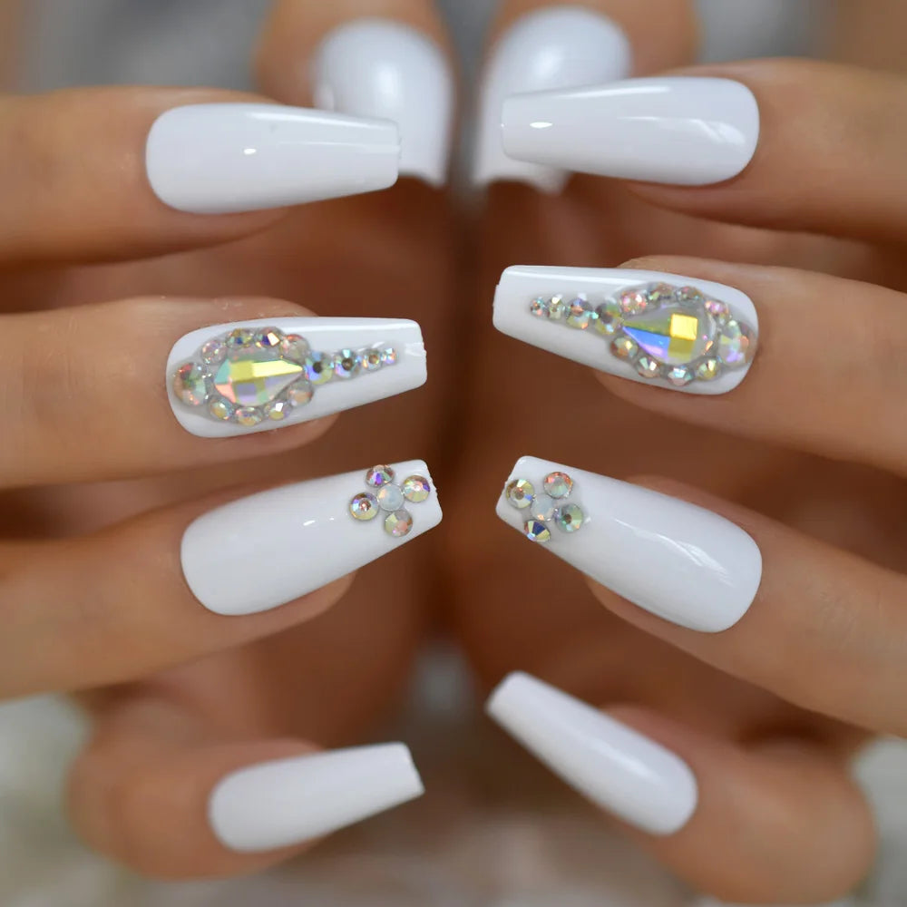 Salon Perfect Artificial Nails 3D Rhinestones Decorative White Nude Faux Ongles Long Ballerina Trapezoid Tips San Remo