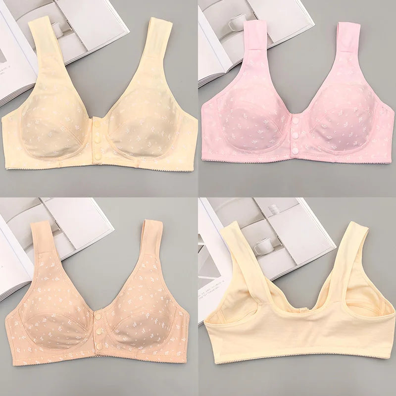 Women's Underwear Middle-Aged Elderly Seamless Solid Color Large Size Front Button Bra Push-Up Women's Bra Wireless Cotton Vest San Remo