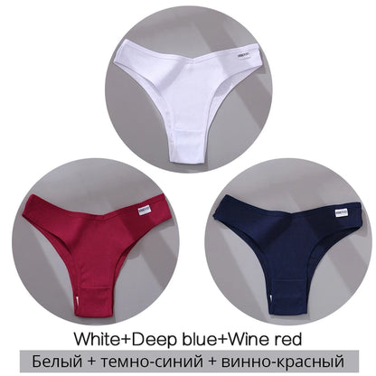White, deep blue, and wine red ribbed cotton thong underwear with small brand labels
