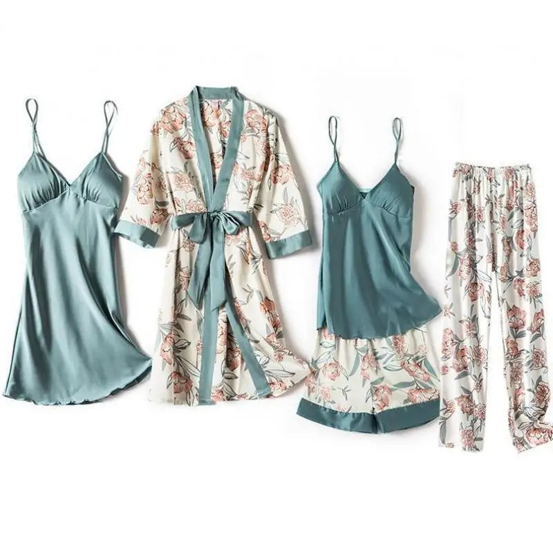 Blue Sleep Set Intimate Lingerie Sexy Nighty&Robe Suit  New Women Kimono Bathrobe Gown Satin Print Flower Sleepwear Homewear San Remo