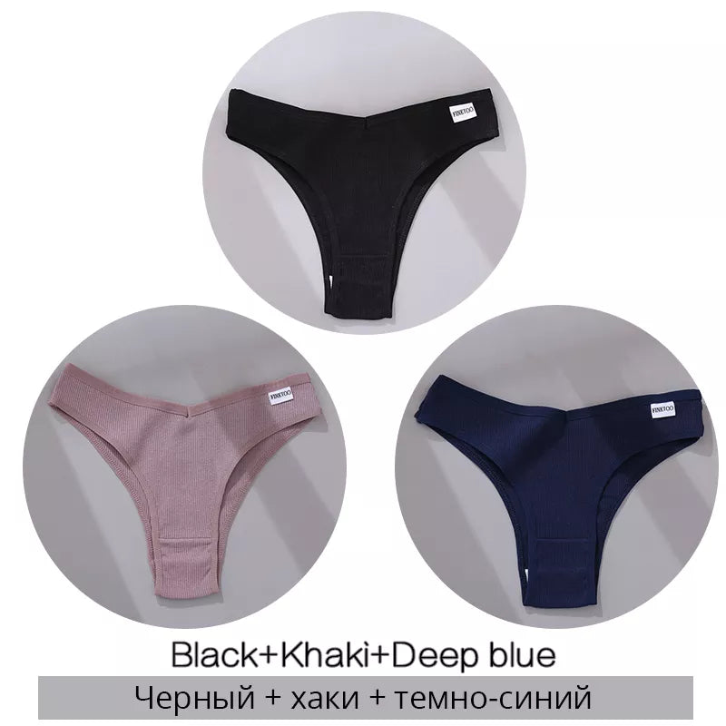 Black, khaki, and deep blue ribbed cotton panties with white brand labels, displayed in circles
