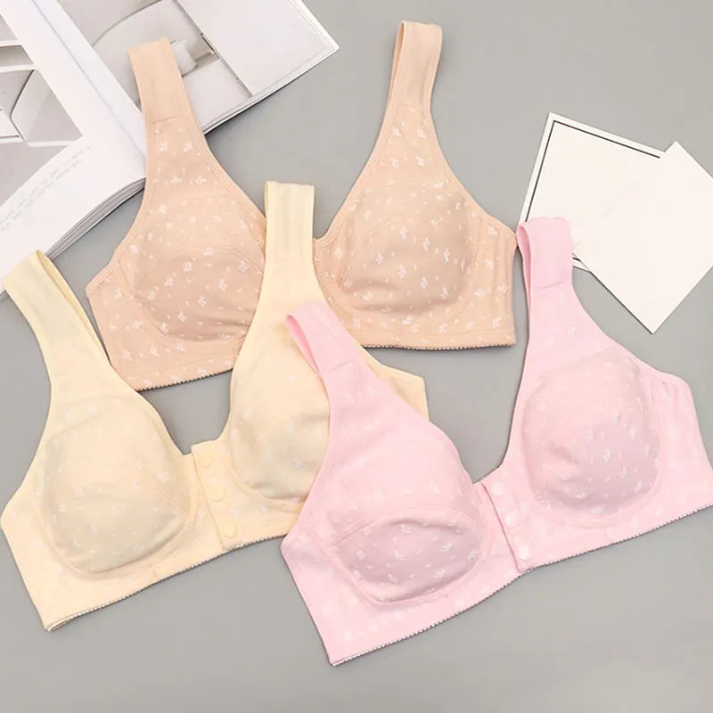 Women's Underwear Middle-Aged Elderly Seamless Solid Color Large Size Front Button Bra Push-Up Women's Bra Wireless Cotton Vest San Remo