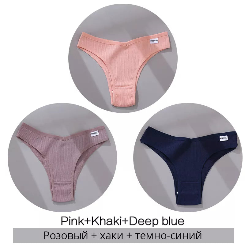 Three ribbed thong panties in pink, khaki, and deep blue colors with FINE TOO label