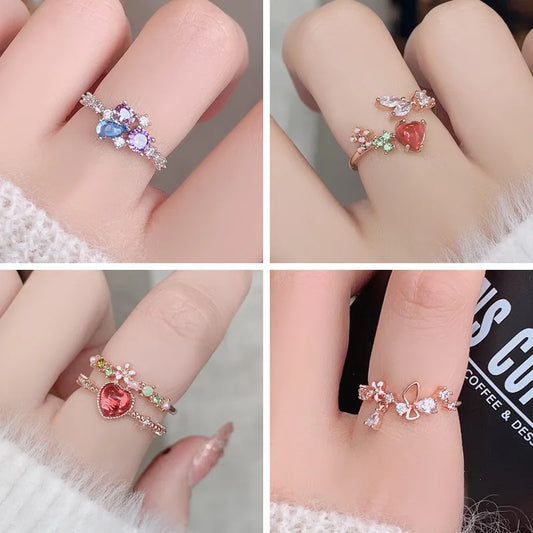 Fashion Sweet Heart Flower Cubic Zircon Adjustable Crystal Wedding Rings For Women Elegant Open Finger Rings Jewelry Gift Bijoux San Remo