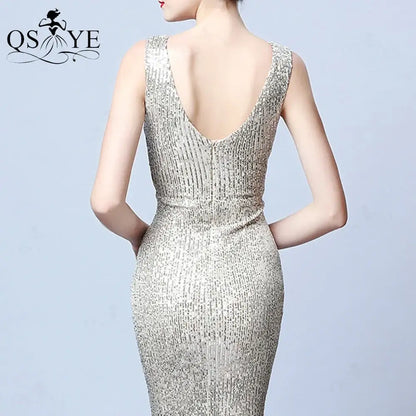 Silver Sequin Prom Dresses Mermaid Long Evening Gown V Neck Ruched Formal Party Gown Crisscross Waist Women Dress Sleeveless San Remo Shops