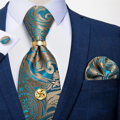 Striped  Necktie Handkerchief Cuffinks Ring Set