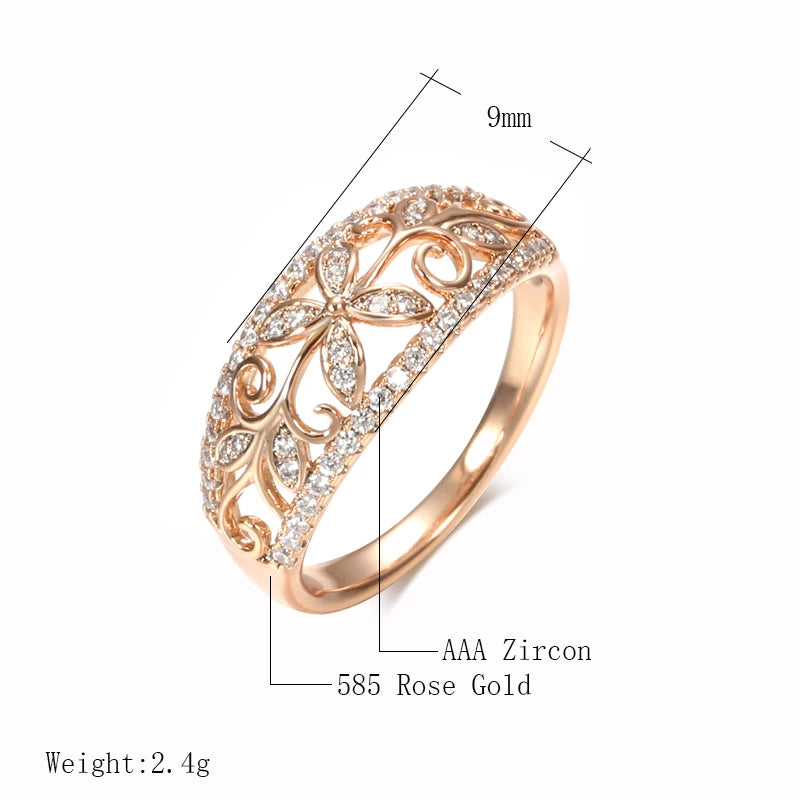 Kinel Natural Zircon Crystal Flower Rings for Women 585 Rose Gold Fine Hollow Ethnic Wedding Ring Vintage Jewelry San Remo