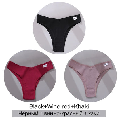 Set of three women's ribbed cotton thong panties in black, wine red, and khaki colors