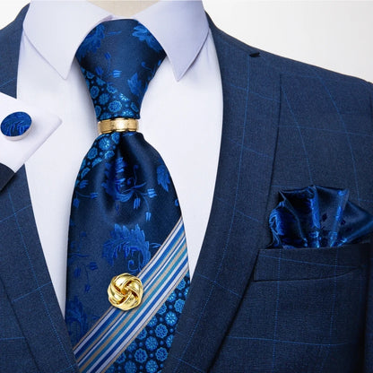Striped  Necktie Handkerchief Cuffinks Ring Set