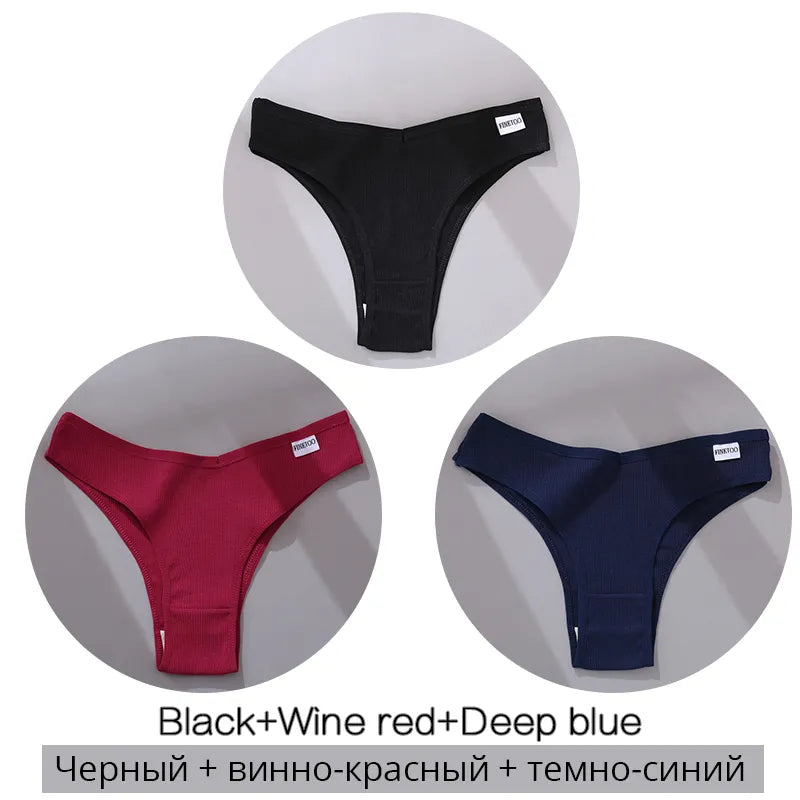 Black, wine red, and deep blue women's ribbed thong underwear trio with brand labels