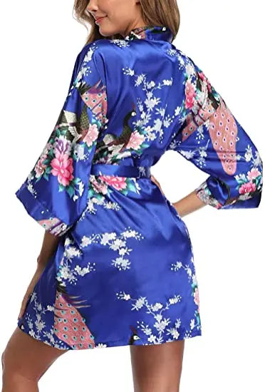 Satin Silk Wedding Bridemaid Robe Print Bathrobe Short Long Night Gown Robe