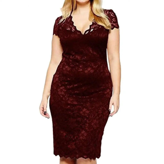 Elegant Women Dresses Sexy Lace Hollow Out Deep-V Short Sleeve Slim Party Midi Dress Sexy Lace Hollow Out Slim Party Dress