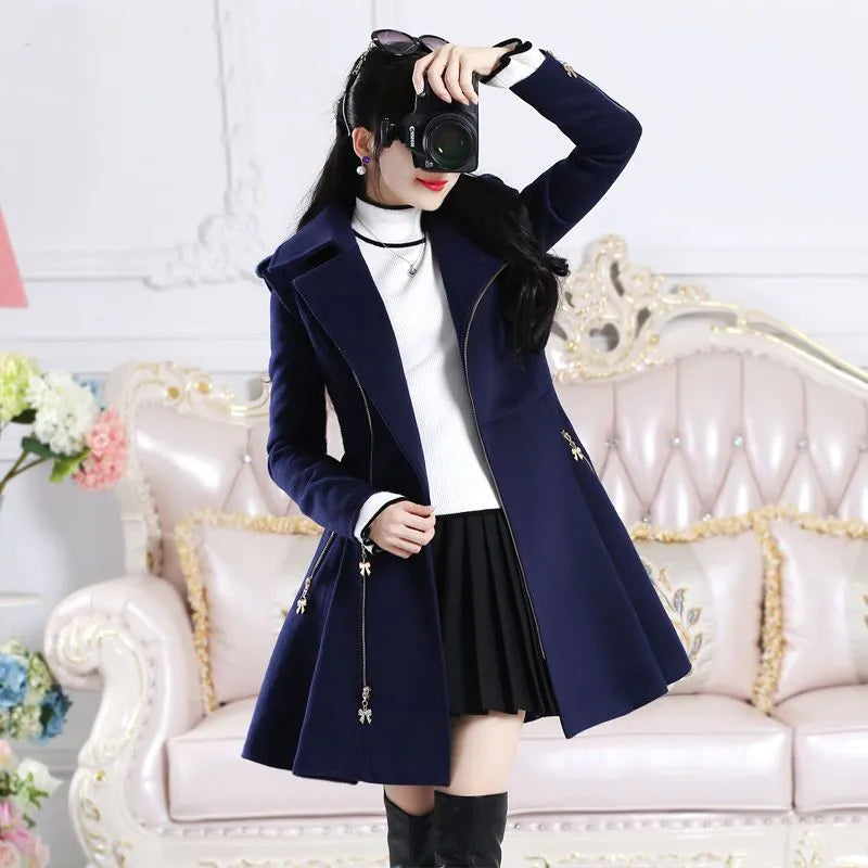 Women Coats Dark Blue Lady Clothing Zipper Woolen Coat Mid-length Slim San Remo