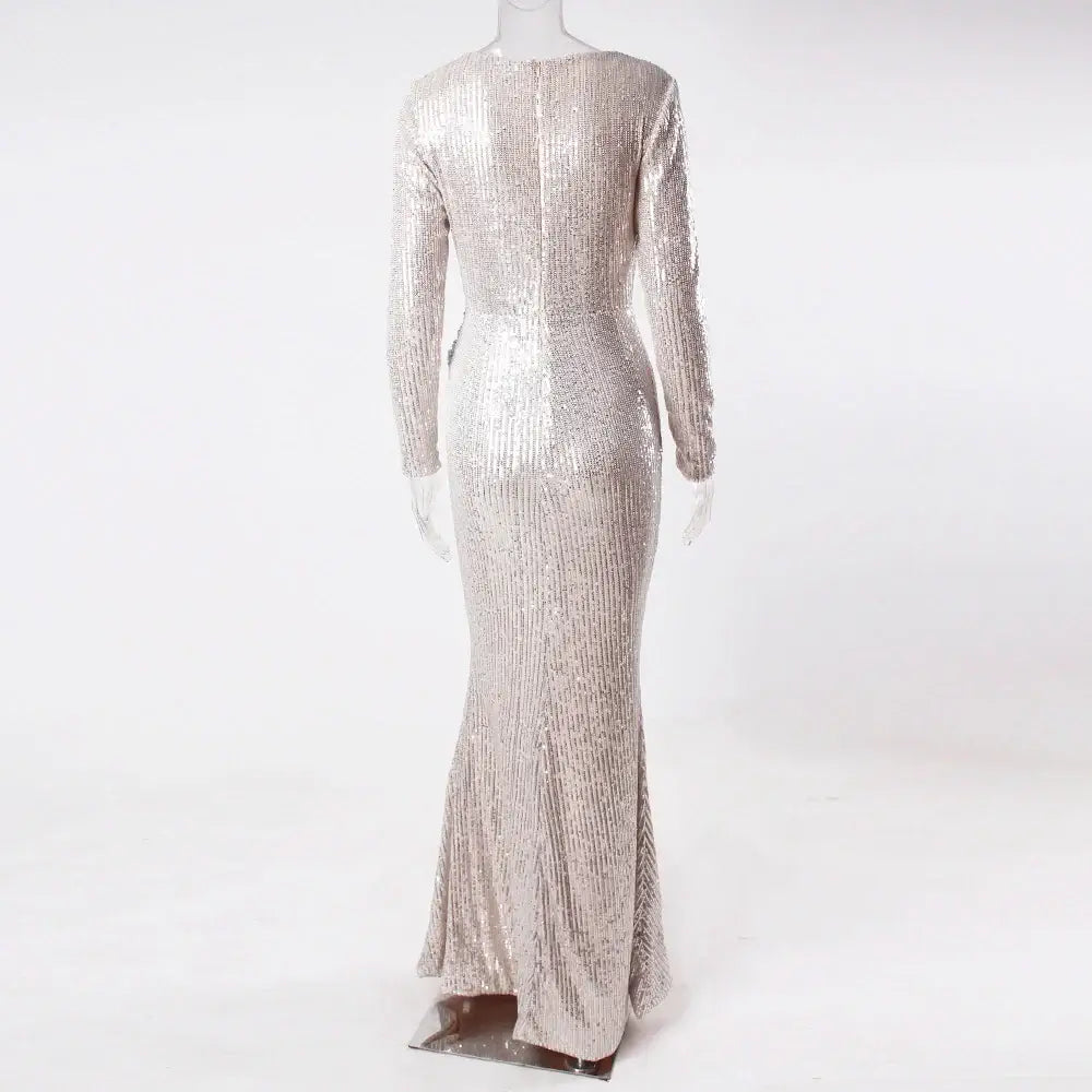 Silver V Neck Full sleeved Autumn Winter Evening Party Dress Gown Sequined Stretchy Long Maxi Dress San Remo Shops