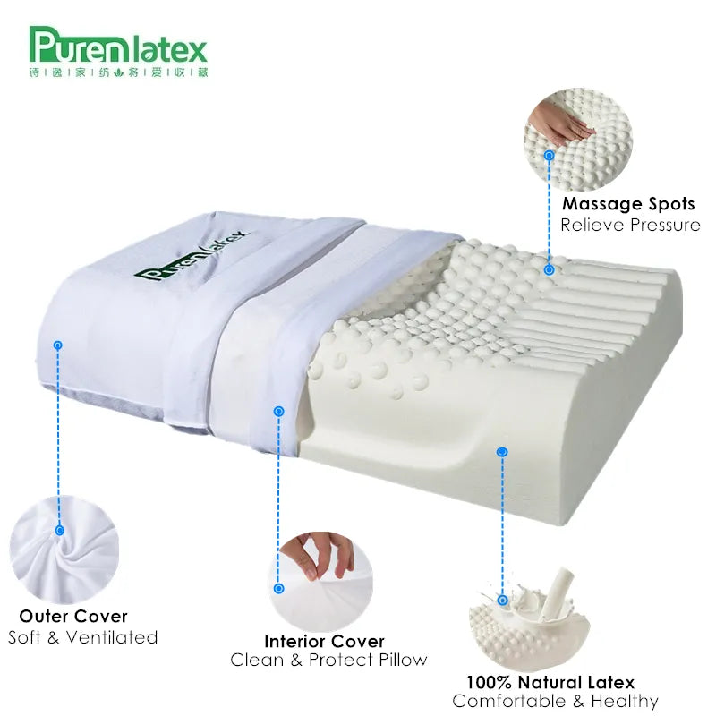 PurenLatex 60x40 Thailand Pure Natural Latex Pillow Remedial Neck Protect Vertebrae Health Care Orthopedic Pillow Slow Rebound San Remo