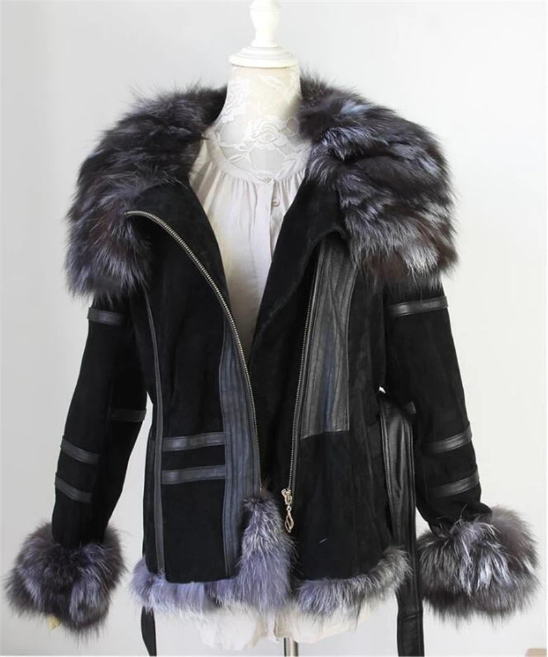 IANLAN Casual Winter Womens Real Fur Coats with Waistband Genuine Leather Jacket Silver Fox Fur Collar & Cuff Trimming San Remo