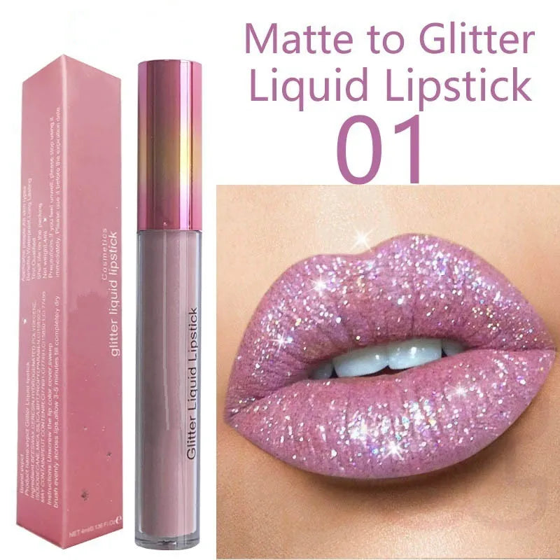 Glitter Lip Gloss Liquid Lipstick  Gold Metal Matte Lipgloss Long Lasting Waterproof Pearl Colour Lips Tint Lip stain Make Up San Remo