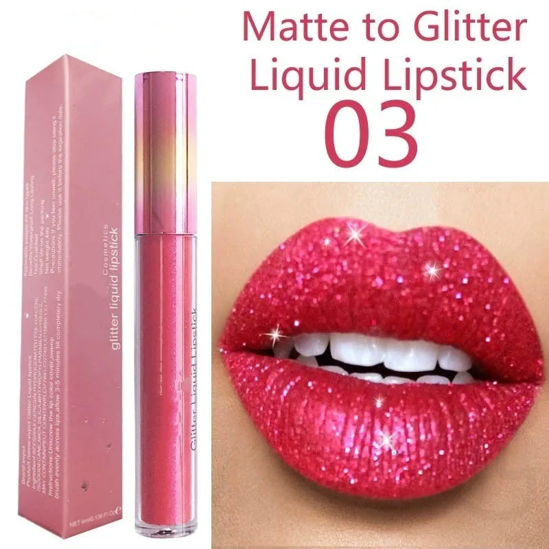 Glitter Lip Gloss Liquid Lipstick  Gold Metal Matte Lipgloss Long Lasting Waterproof Pearl Colour Lips Tint Lip stain Make Up San Remo