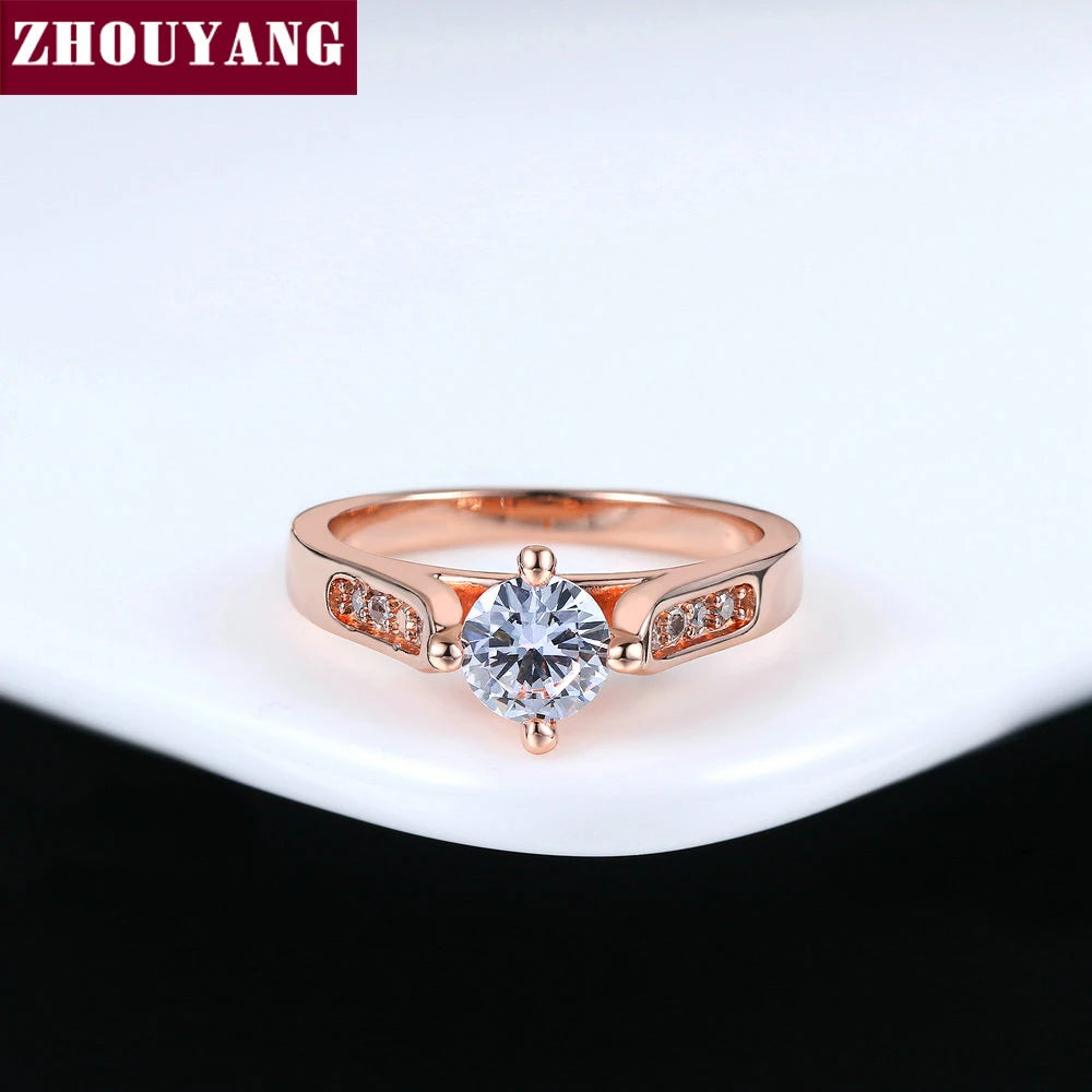 ZHOUYANG Engagement Wedding Ring For Women Classic Prong Setting CZ  Rose Gold Color Fashion Jewelry Lover's Ring R064 R065 Desers