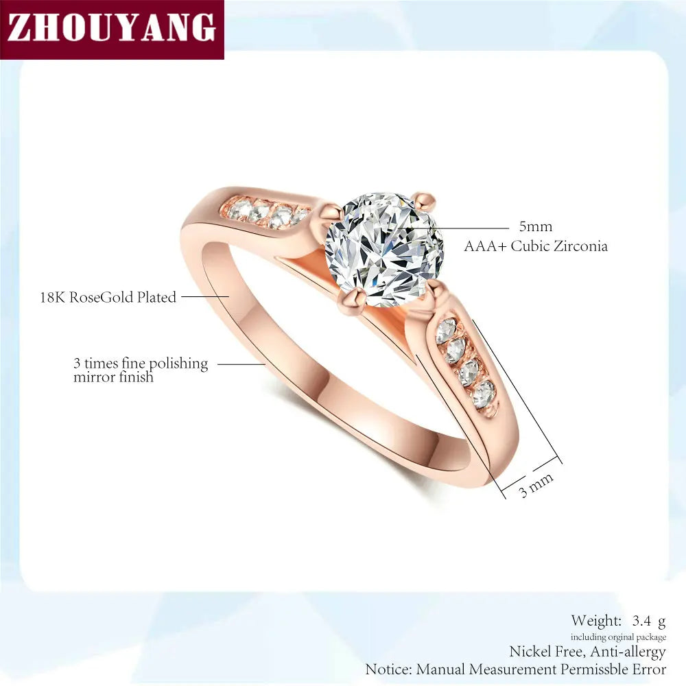 ZHOUYANG Engagement Wedding Ring For Women Classic Prong Setting CZ  Rose Gold Color Fashion Jewelry Lover's Ring R064 R065 Desers