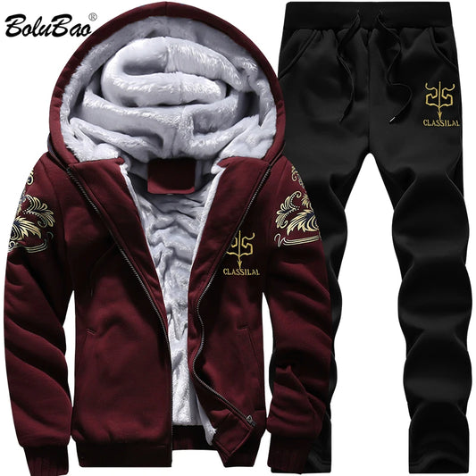 BOLUBAO Winter Thick Men Sports Suit Tracksuit Hooded Sportswear Zipper Cardigan Hooded+Elastic Pants Casual Men Set San Remo