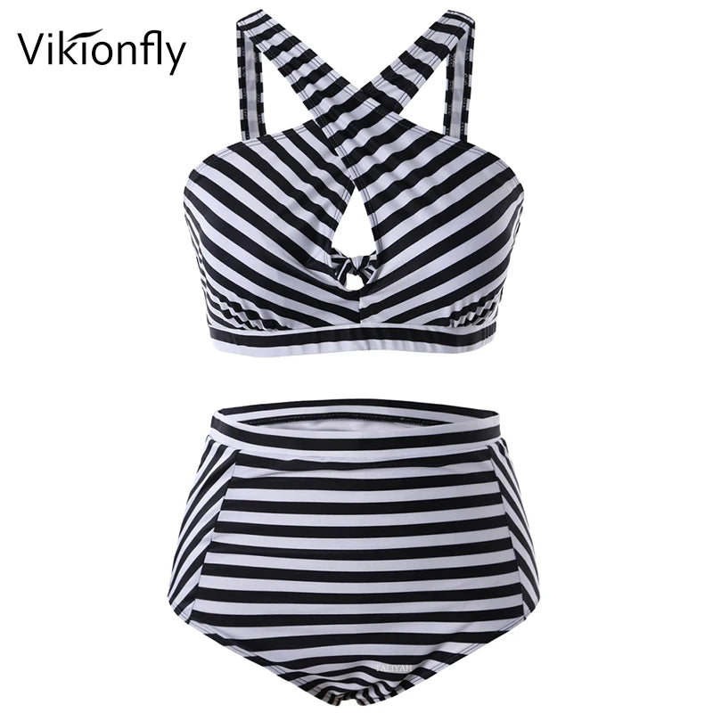 Plus Size Swimwear Bikini Women Colorful Strips High Waist Swimsuit Large Size Bathing Suit For Big Breast 4XL San Remo