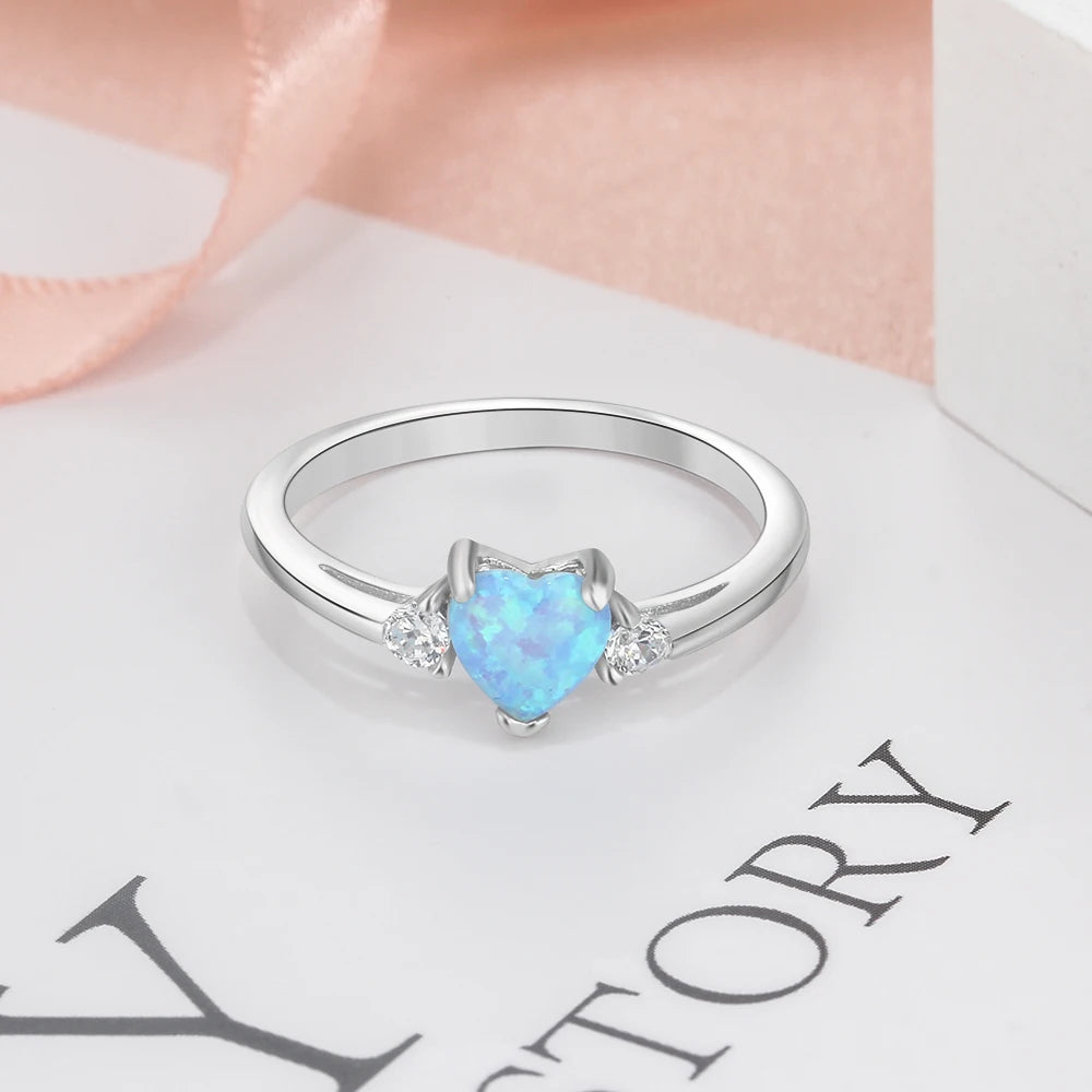 Classic Eternal Heart Rings Silver Color Blue Pink White Opal Women's Ring Engagement Finger Ring Fashion Jewelry for Women San Remo