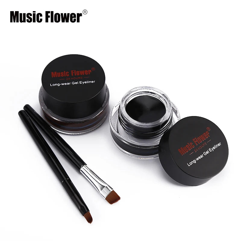 Music Flower 2 In 1 Brown + Black Eyeliner Gel Make Up Water-proof Eye Liner Kit Eye Makeup Tool With Brush 24H Long Lasting San Remo