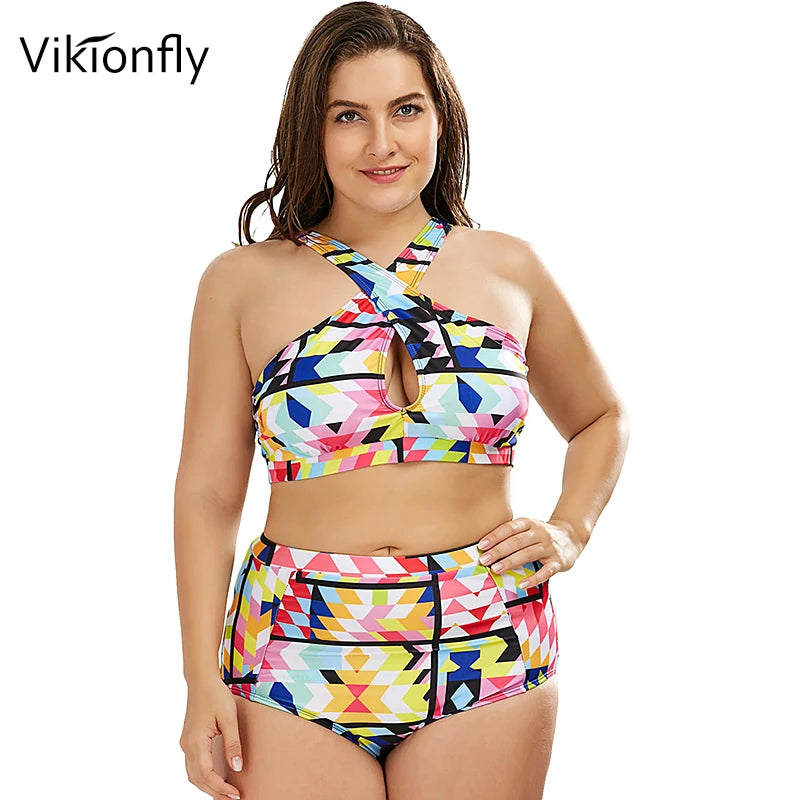 Plus Size Swimwear Bikini Women Colorful Strips High Waist Swimsuit Large Size Bathing Suit For Big Breast 4XL San Remo