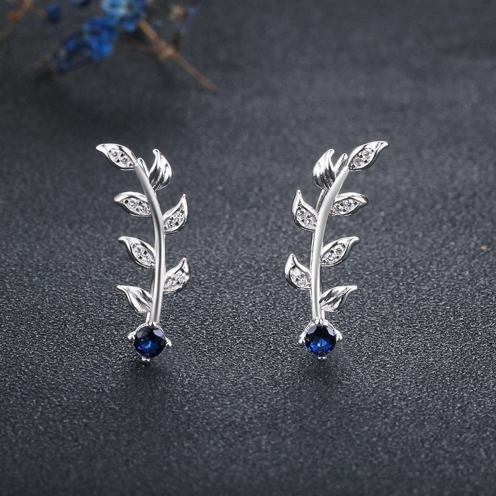 Royal Blue Ear Climber Earrings Zirconia Leaves Branch 925 Sterling Silver Stud Earrings for Women Wedding Jewelry(Lam Hub Fong) San Remo