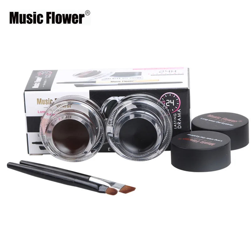 Music Flower 2 In 1 Brown + Black Eyeliner Gel Make Up Water-proof Eye Liner Kit Eye Makeup Tool With Brush 24H Long Lasting San Remo