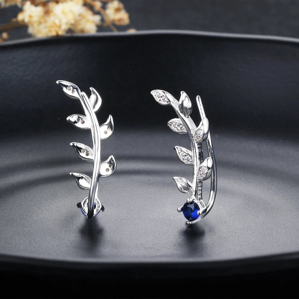 Royal Blue Ear Climber Earrings Zirconia Leaves Branch 925 Sterling Silver Stud Earrings for Women Wedding Jewelry(Lam Hub Fong) San Remo