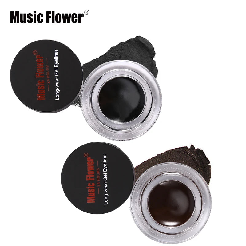 Music Flower 2 In 1 Brown + Black Eyeliner Gel Make Up Water-proof Eye Liner Kit Eye Makeup Tool With Brush 24H Long Lasting San Remo