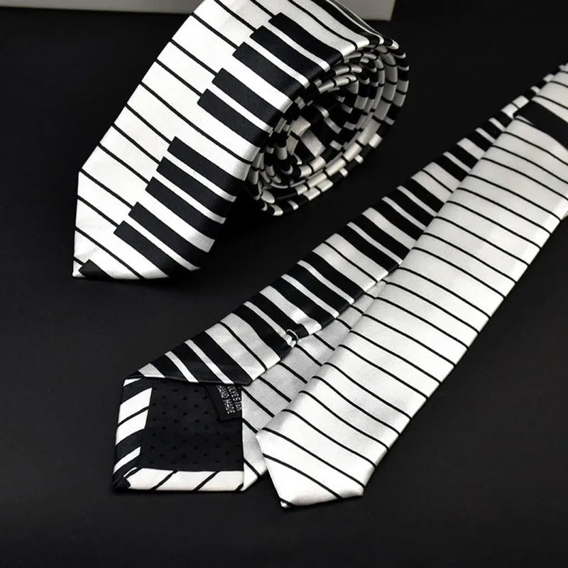 KLV Men's Black & White Piano Keyboard Necktie Tie Classic Slim Skinny Music Tie San Remo Shops