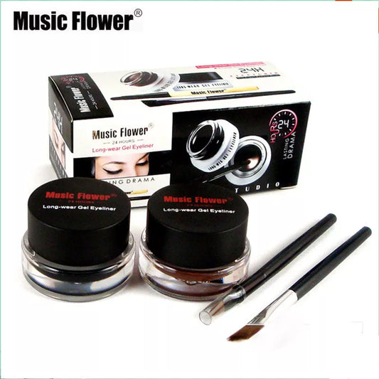 Music Flower 2 In 1 Brown + Black Eyeliner Gel Make Up Water-proof Eye Liner Kit Eye Makeup Tool With Brush 24H Long Lasting San Remo