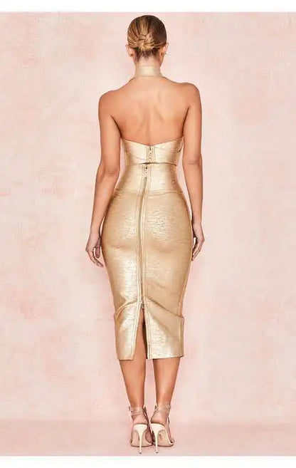 High Quality Gold 2 Pieces Set Knee Length Rayon Bandage Dress Evening Party Bodycon Dress San Remo Shops