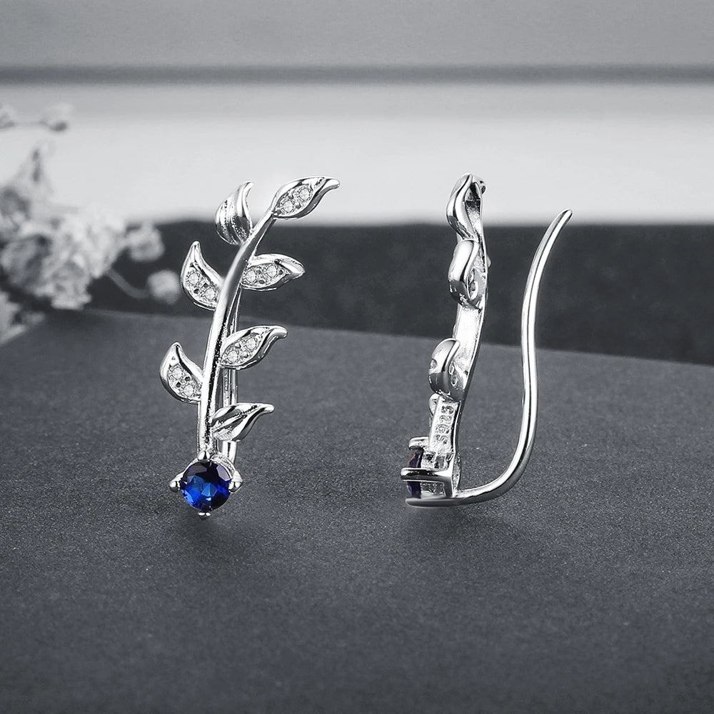 Royal Blue Ear Climber Earrings Zirconia Leaves Branch 925 Sterling Silver Stud Earrings for Women Wedding Jewelry(Lam Hub Fong) San Remo